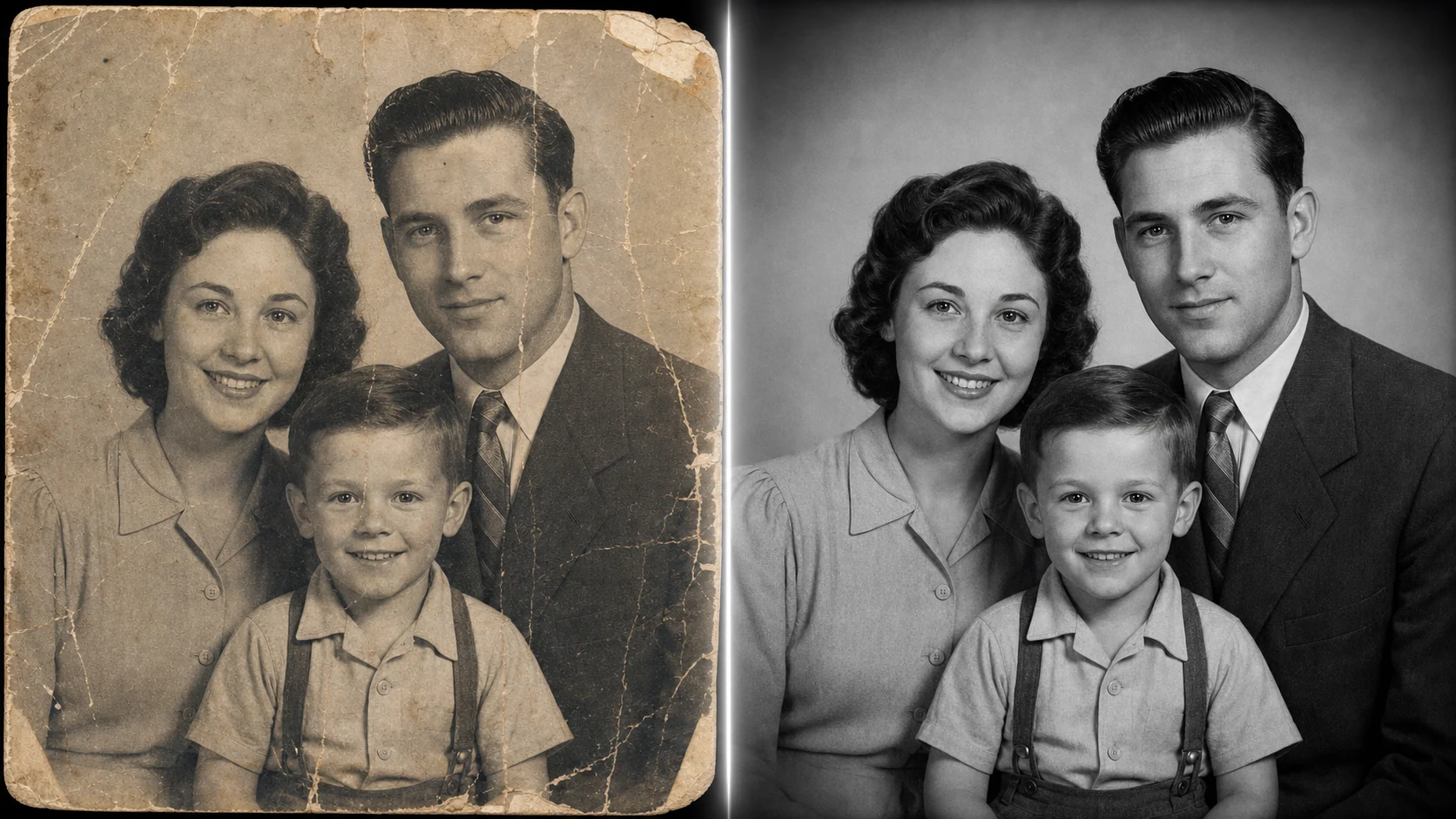 Damaged old family photo before and after AI restoration in PrimeArt